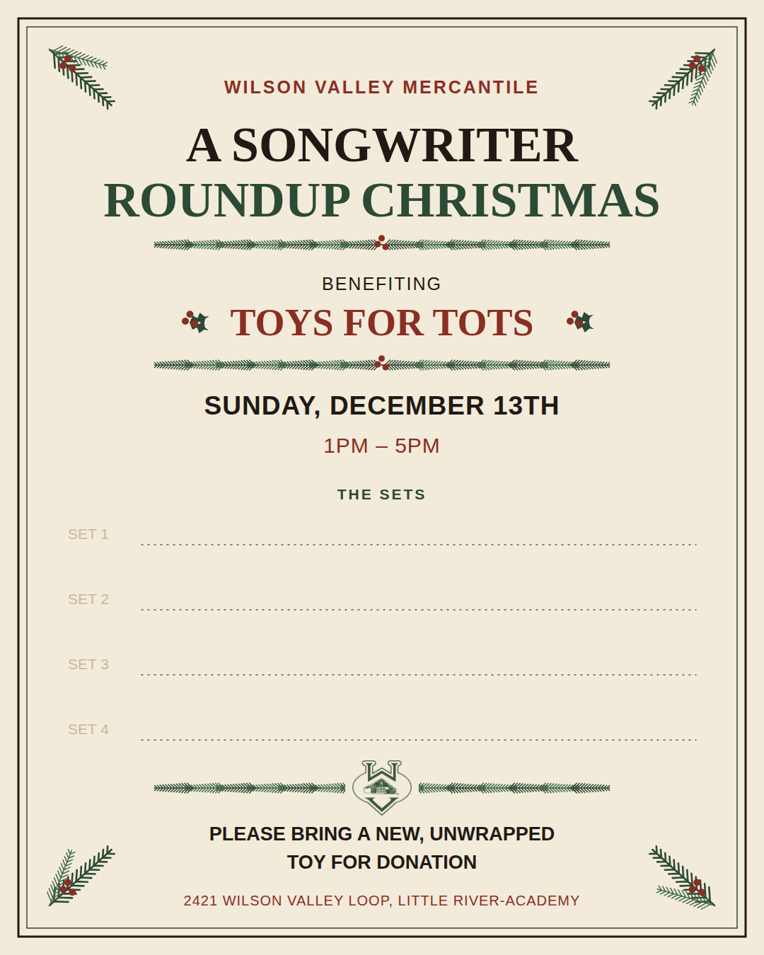 A Songwriter Roundup Christmas, Sunday 13 December 2026, 1PM to 5PM, benefiting Toys for Tots